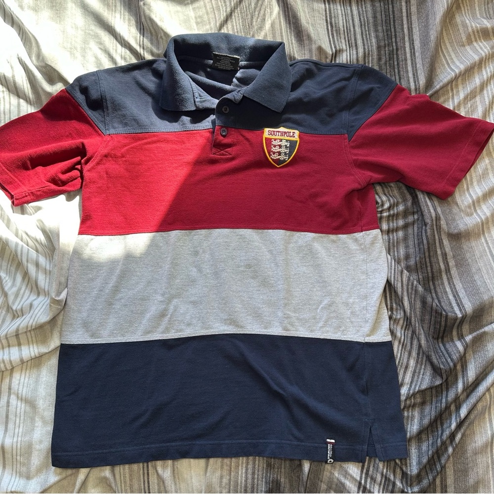 South Pole Color Block Polo Shirt - Red, Navy, and Gray Mens size large